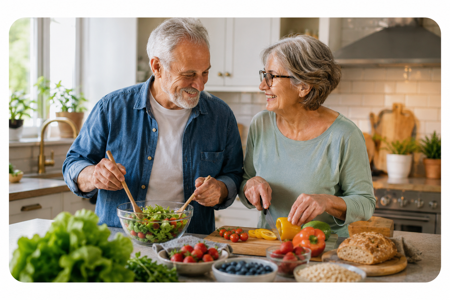 Older couple preparing a colorful healthy meal together